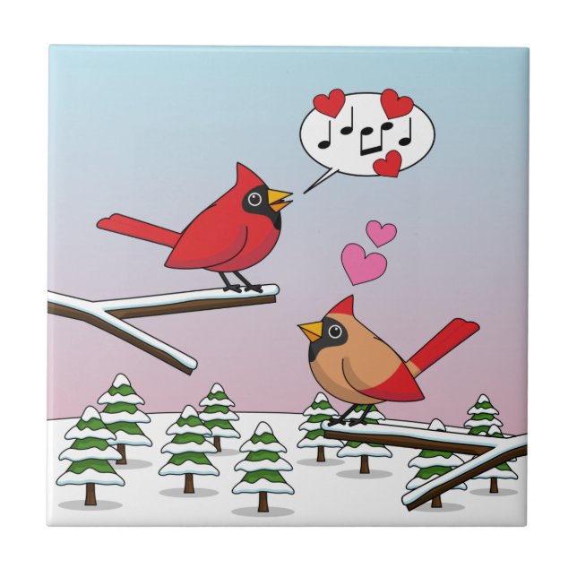 Cute Red Northern Cardinals Love Winter Landscape Tile (Front)