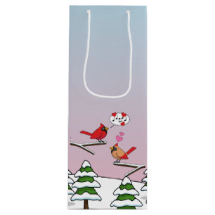 Cute Red Northern Cardinals Love Winter Landscape Wine Gift Bag