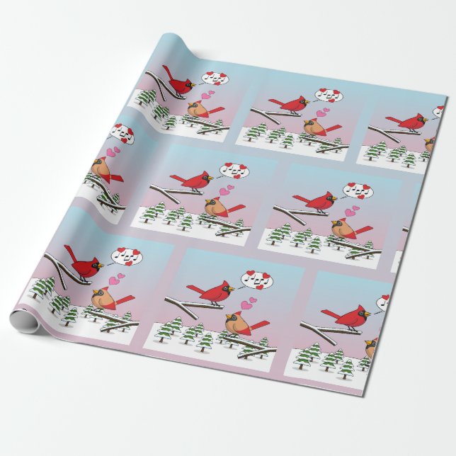 Cute Red Northern Cardinals Love Winter Landscape Wrapping Paper (Unrolled)