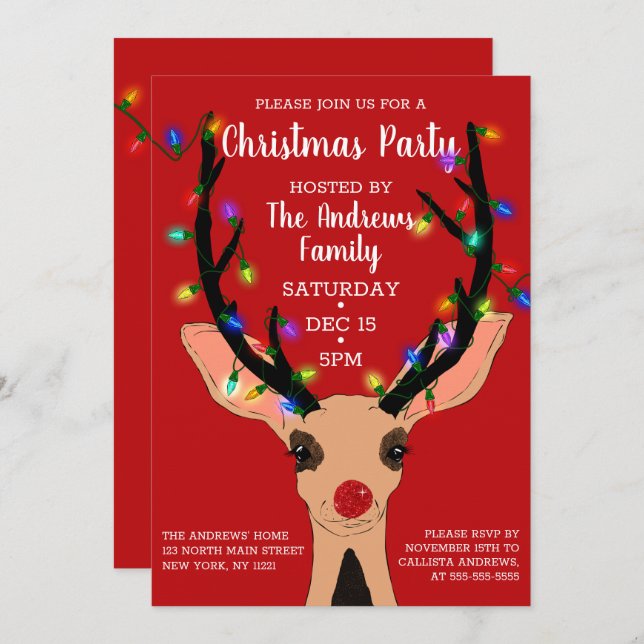 Cute Red Nose Reindeer Glowing Lights Christmas Invitation (Front/Back)