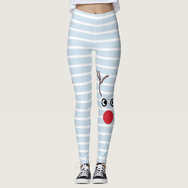 Cute Red Nose Reindeer Ice Blue Christmas Leggings (Front)