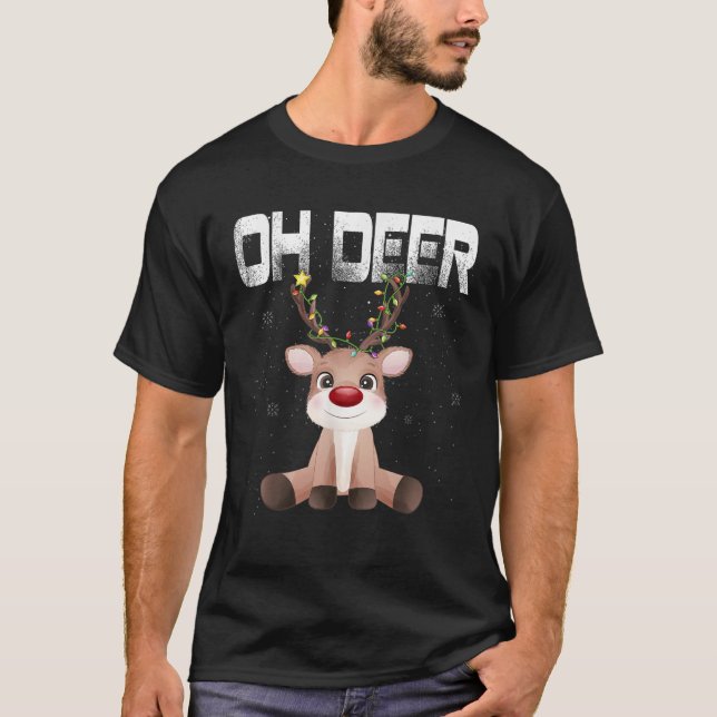 Cute Red Nose Reindeer Oh Deer Xmas Lights Funny C T-Shirt (Front)