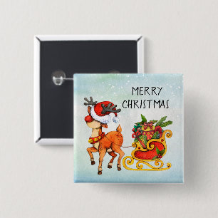 Cute red -nosed reindeer pulling sleigh Christmas 15 Cm Square Badge