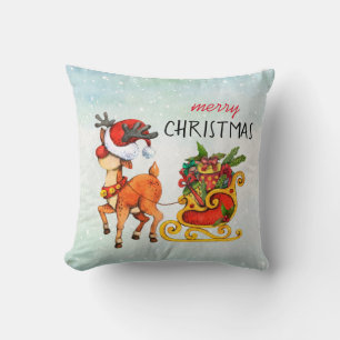 Cute red -nosed reindeer pulling sleigh Christmas  Cushion