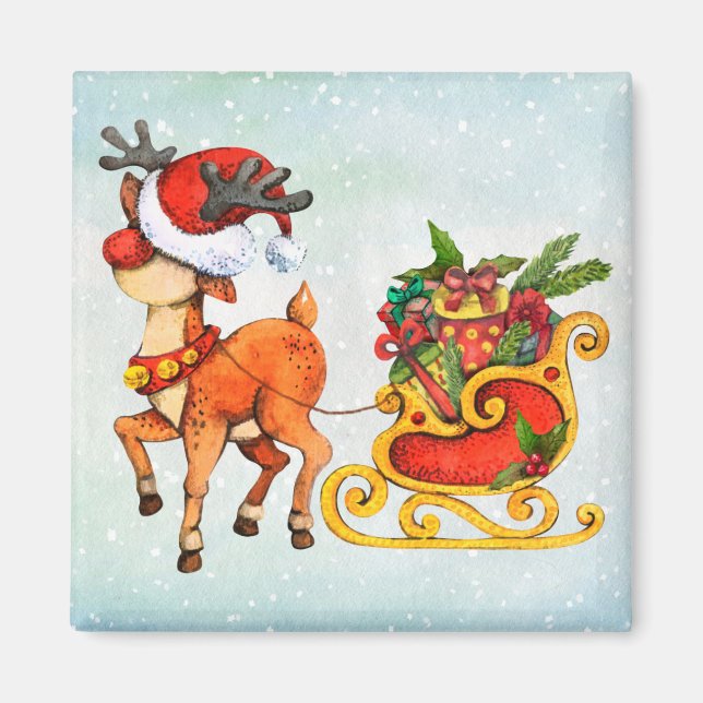 Cute red -nosed reindeer pulling sleigh Christmas Magnet (Front)