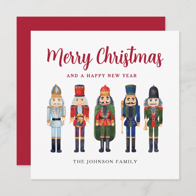 Cute Red Nutcracker Merry Christmas Square Holiday Card (Front/Back)