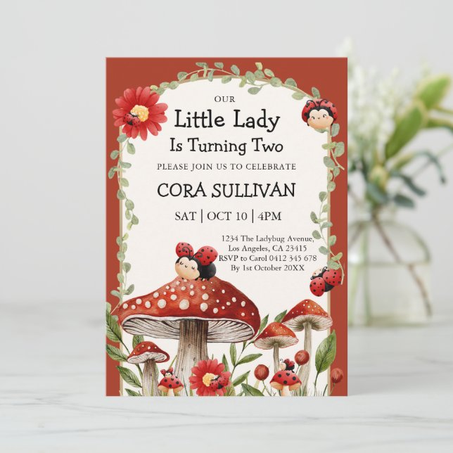Cute Red Our Little Ladybug Girl Birthday Invitation (Standing Front)