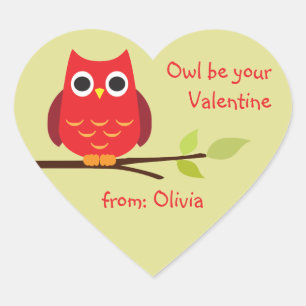 Cute red owl classroom valentine personalised gift heart sticker