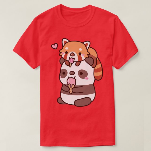Cute Red Panda And Panda Eating Ice Cream For Summ T-Shirt (Design Front)
