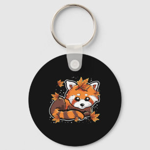 Cute Red Panda Anima Fall Leaves Autumn Season Key Ring