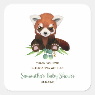 Cute Red Panda Bear Greenery Neutral Baby Shower  Square Sticker