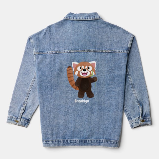 Cute red panda cartoon illustration denim jacket (Back)