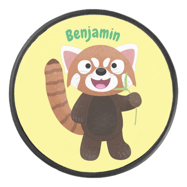 Cute red panda cartoon illustration hockey puck (Front)