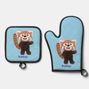 Cute red panda cartoon illustration oven mitt & pot holder set