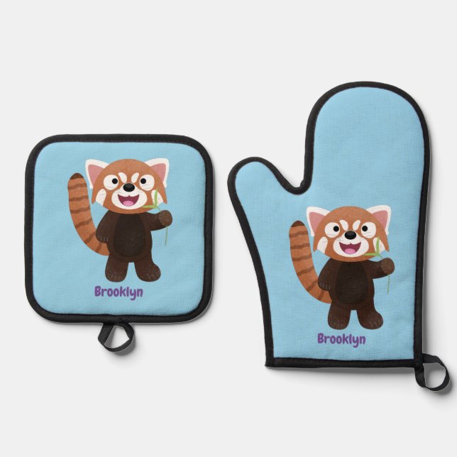 Cute red panda cartoon illustration oven mitt & pot holder set (Front)