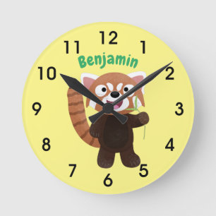 Cute red panda cartoon illustration round clock