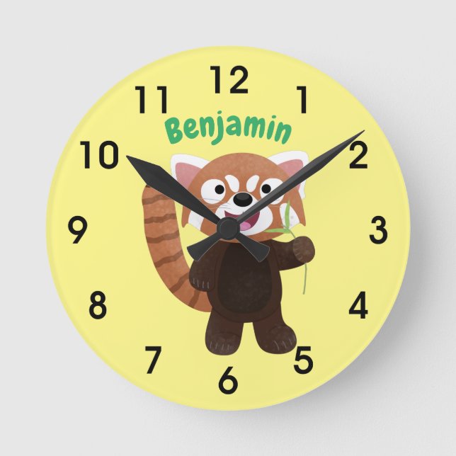 Cute red panda cartoon illustration round clock (Front)