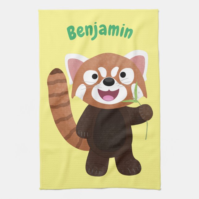 Cute red panda cartoon illustration tea towel (Vertical)