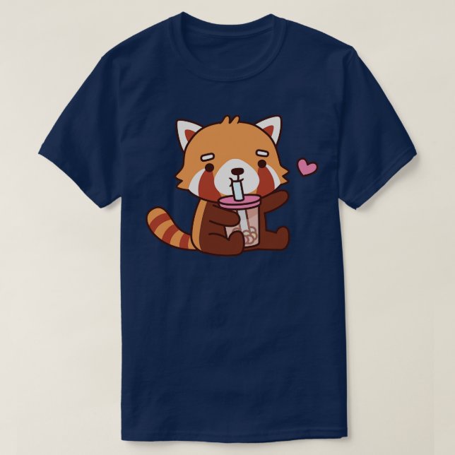 Cute Red Panda Loves Boba Tea T-Shirt (Design Front)