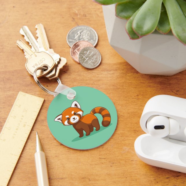 Cute Red Panda on Green Key Ring (Desk)