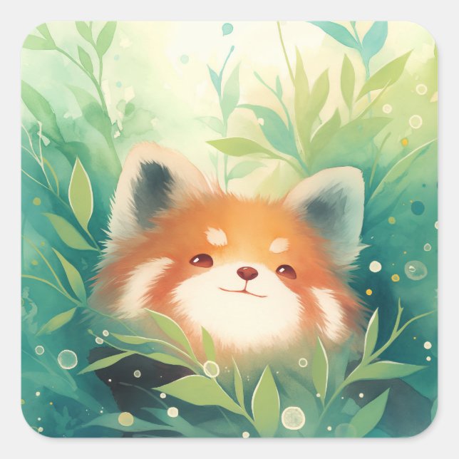 Cute Red Panda Peeking Through Green Forest Square Sticker (Front)