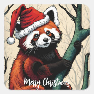 Cute Red Panda Tree Branch Christmas Square Sticker