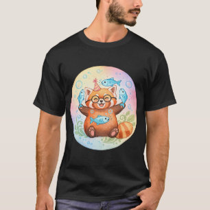 Cute Red Panda Watercolor with Fish Kawaii Illustr T-Shirt