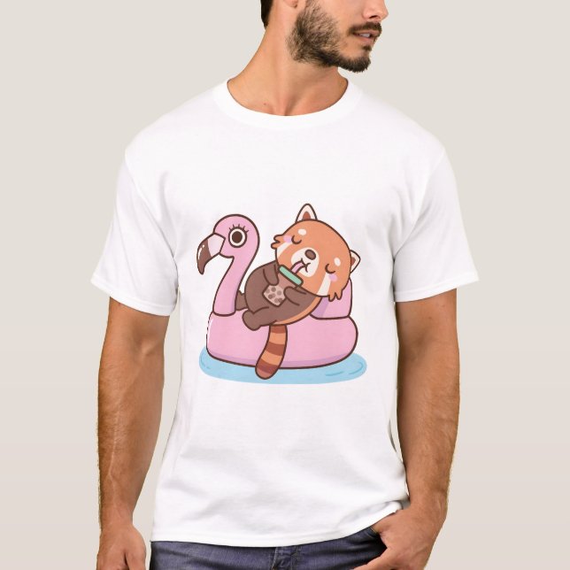 Cute Red Panda With Flamingo Pool Float Summer T-Shirt (Front)
