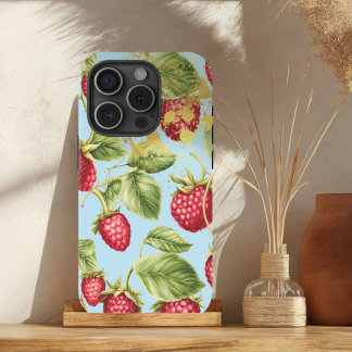 Cute Red, Pastel Blue and Gold Raspberry Fruit  iPhone 15 Case