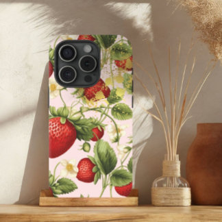 Cute Red, Pastel Pink and Gold Strawberry Fruit iPhone 15 Case