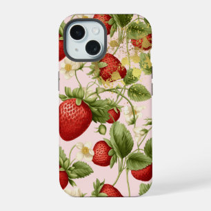Cute Red, Pastel Pink and Gold Strawberry Fruit iPhone 15 Case