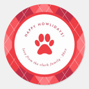 Cute Red Paw Print Happy Howlidays Christmas Classic Round Sticker