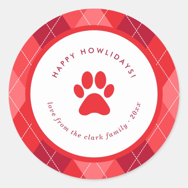 Cute Red Paw Print Happy Howlidays Christmas Classic Round Sticker (Front)
