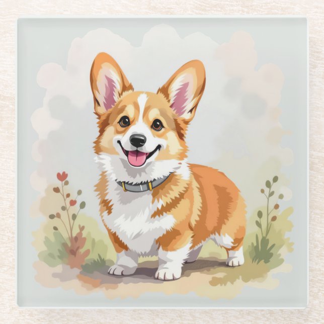 Cute Red Pembroke Welsh Corgi Dog Glass Coaster (Front)