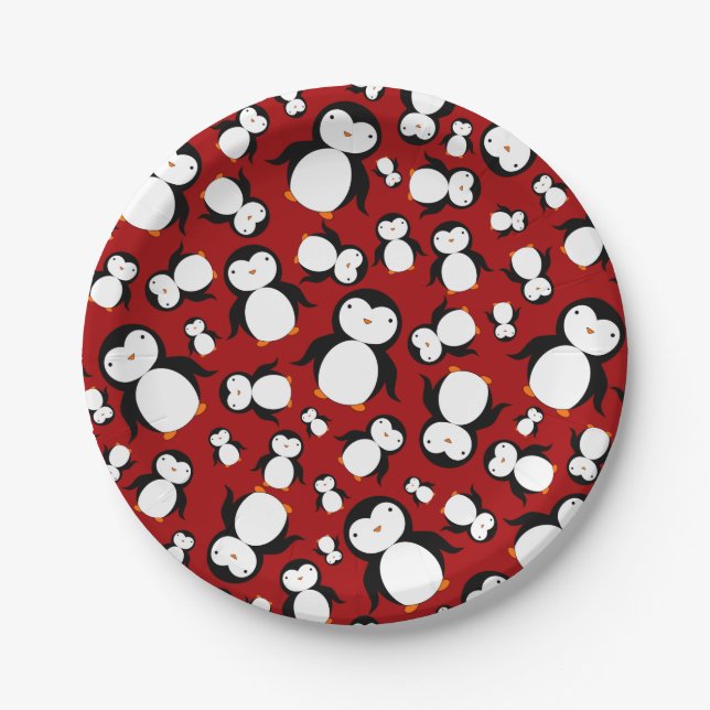 Cute red penguin pattern paper plate (Front)