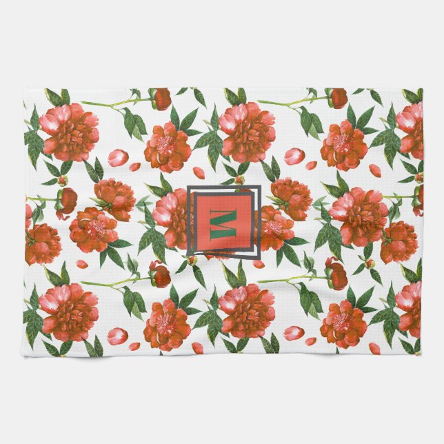 Cute Red Peonies Blooming Flowers Pattern Monogram Tea Towel (Horizontal)