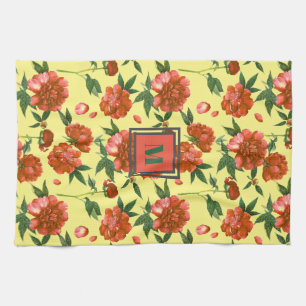 Cute Red Peonies Blooming Flowers Pattern Monogram Tea Towel