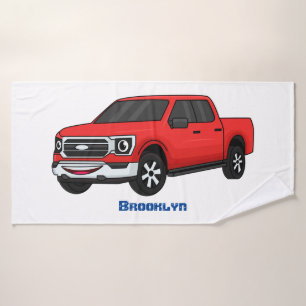 Cute red pickup truck cartoon illustration bath towel set