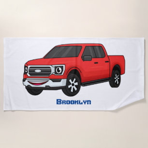 Cute red pickup truck cartoon illustration beach towel