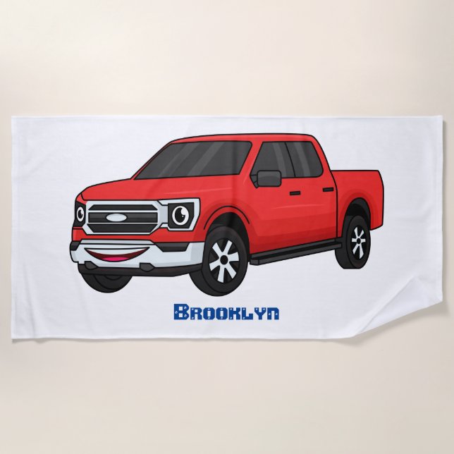 Cute red pickup truck cartoon illustration beach towel (Front)