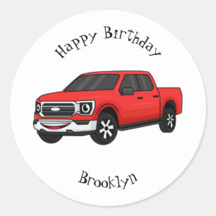 Cute red pickup truck cartoon illustration classic round sticker