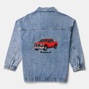 Cute red pickup truck cartoon illustration denim jacket