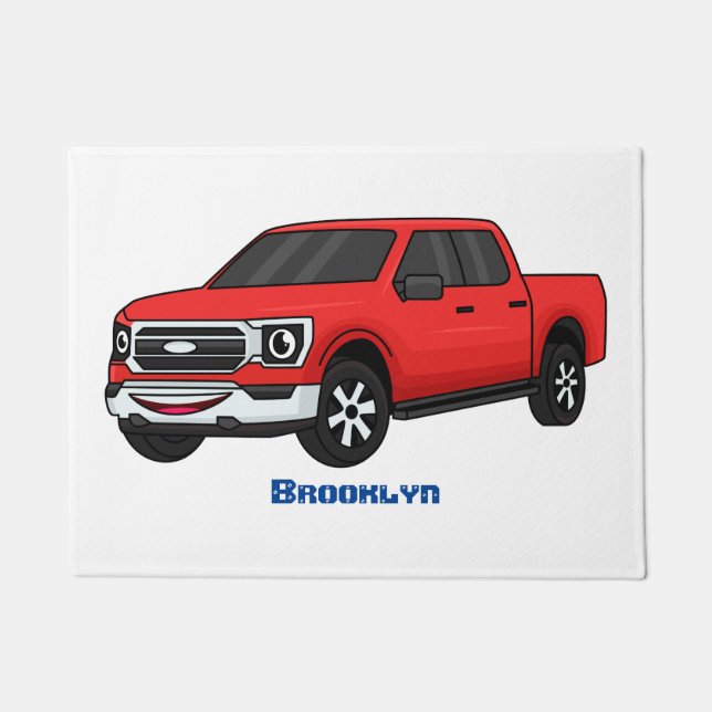 Cute red pickup truck cartoon illustration doormat (Front)