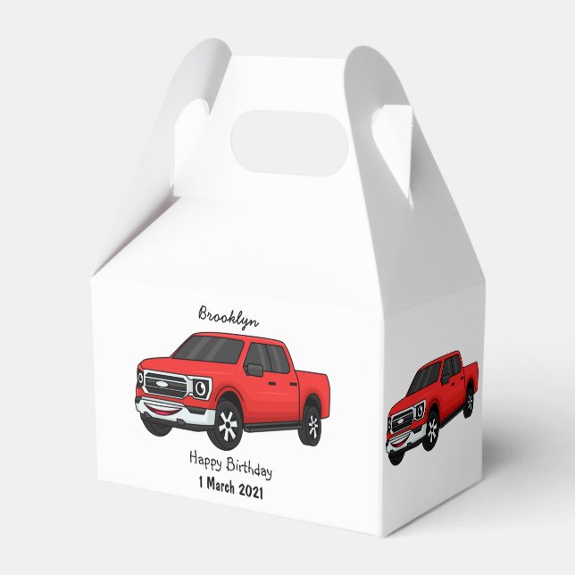 Cute red pickup truck cartoon illustration favour box (Front Side)
