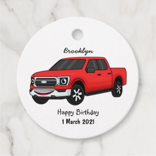 Cute red pickup truck cartoon illustration favour tags