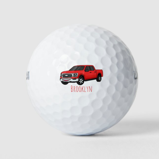Cute red pickup truck cartoon illustration golf balls (Front)