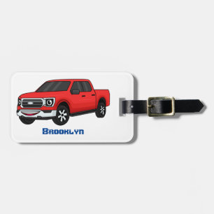 Cute red pickup truck cartoon illustration luggage tag