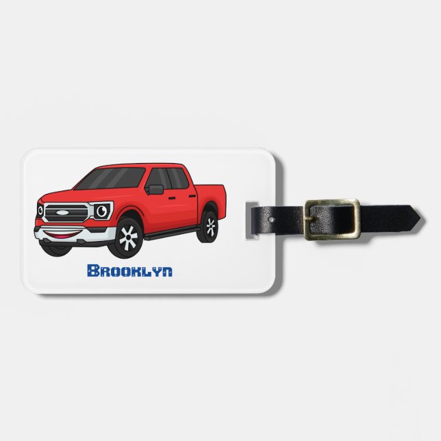 Cute red pickup truck cartoon illustration luggage tag (Front Horizontal)