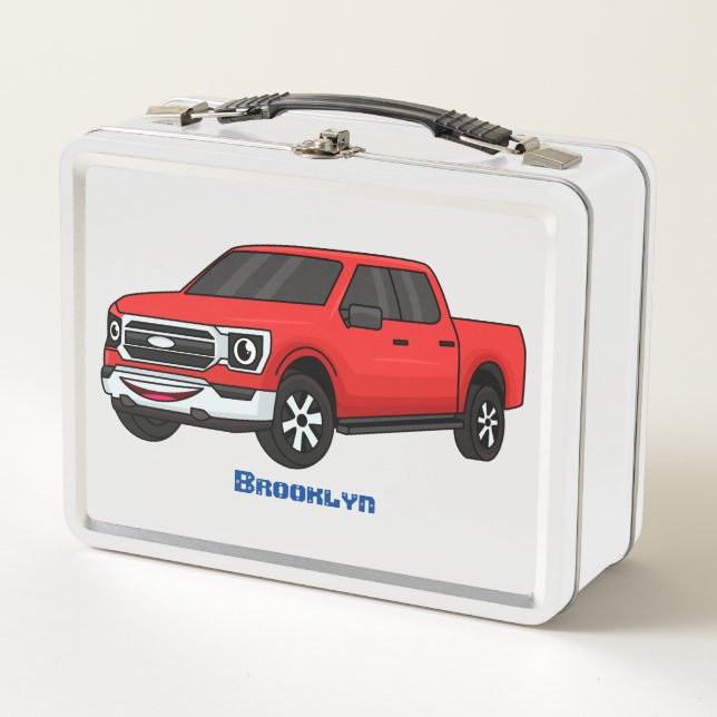 Cute red pickup truck cartoon illustration metal lunch box (Front)