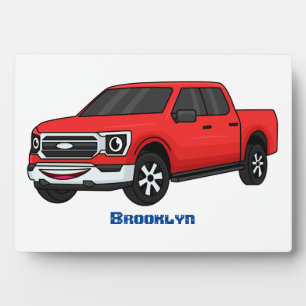 Cute red pickup truck cartoon illustration plaque